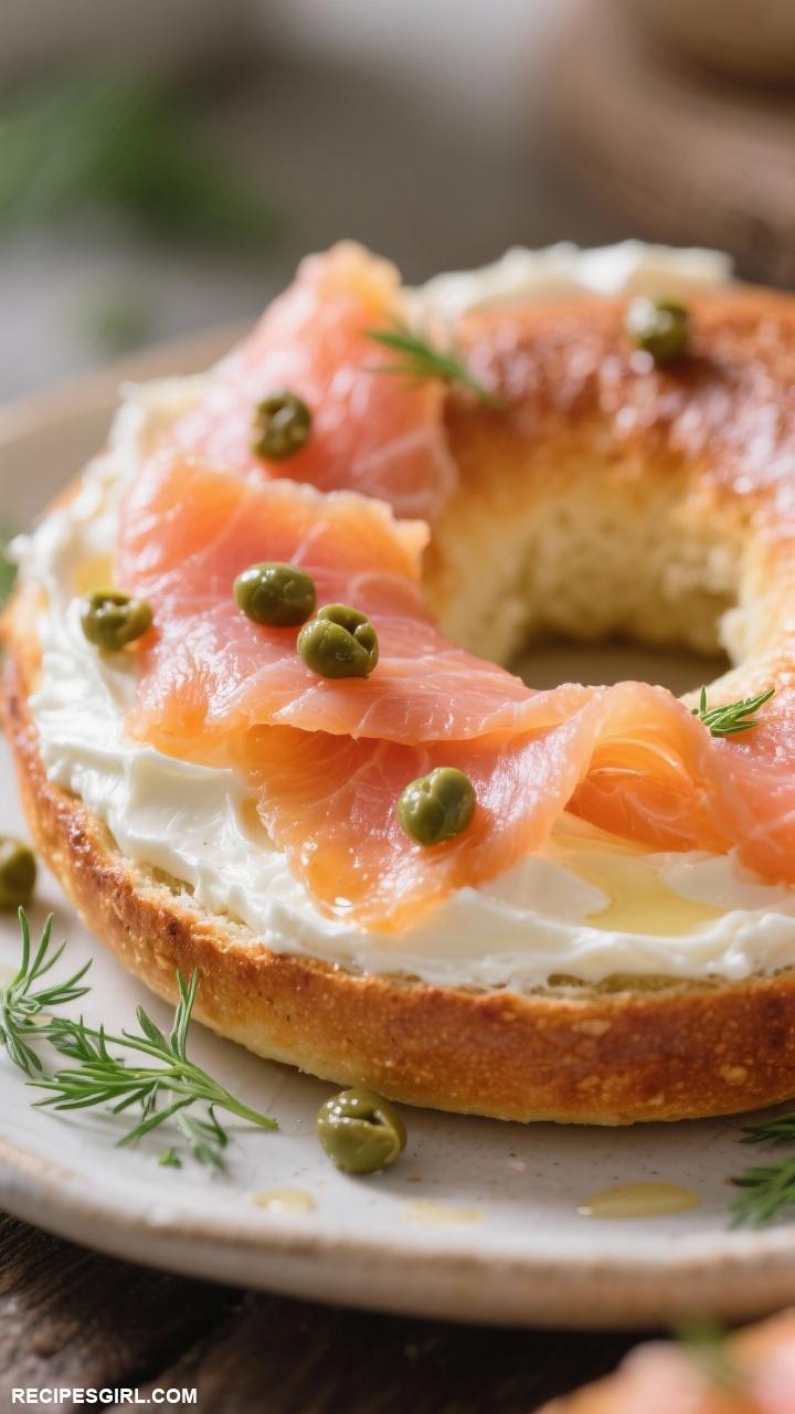 breakfast ideas Bagel with Cream Cheese Smoked Salmon and Capers