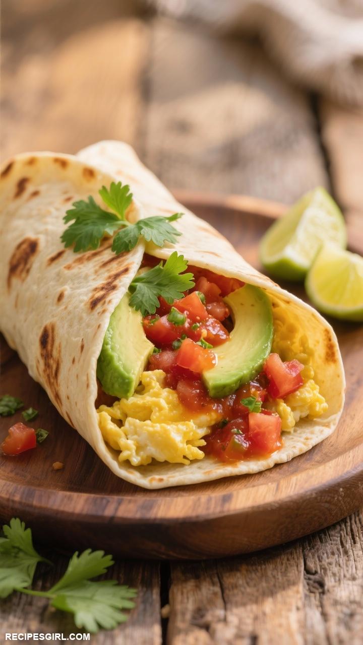 breakfast ideas Breakfast Burrito with Scrambled Eggs and Salsa