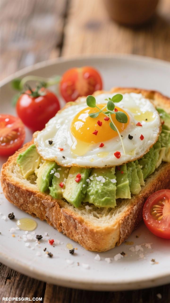 brunch ideas Avocado Toast with Poached Eggs and Cherry Tomatoes