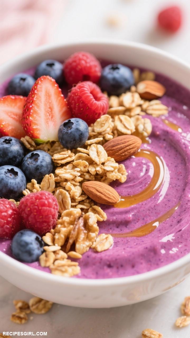 brunch ideas Berry Smoothie Bowl topped with Granola and Nuts
