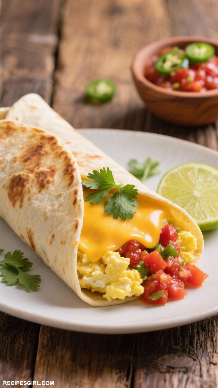 brunch ideas Breakfast Burritos filled with scrambled eggs cheese and salsa