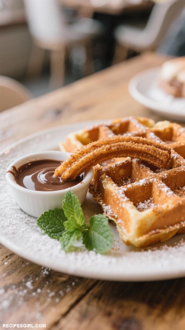 brunch ideas Churro Waffles with Chocolate Dipping Sauce