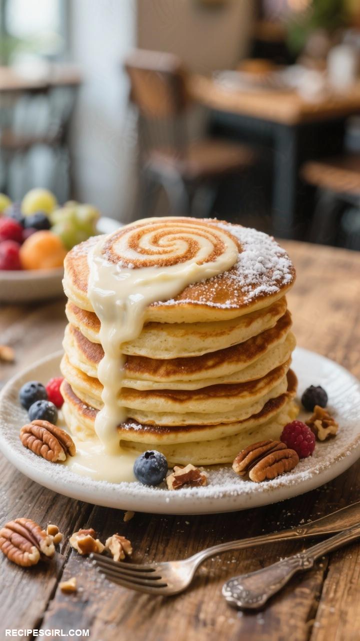brunch ideas Fluffy Cinnamon Roll Pancakes with Cream Cheese Glaze