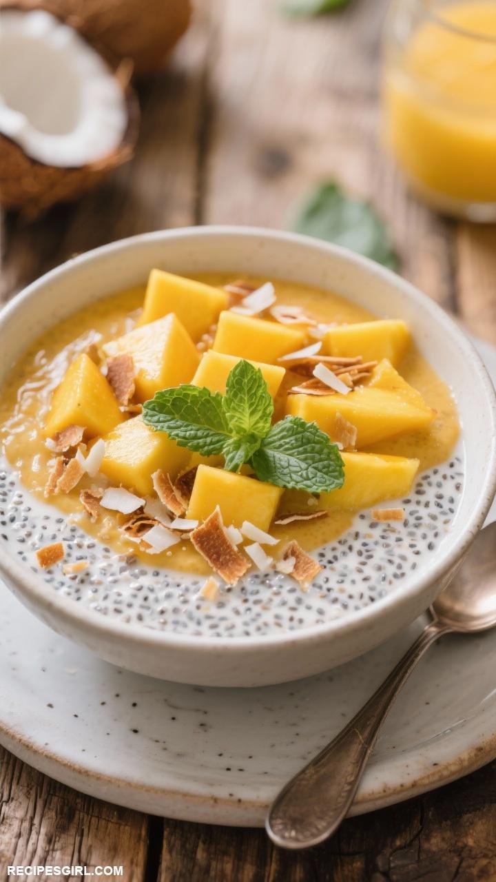 brunch ideas Mango and Coconut Chia Pudding with Toasted Coconut Flakes
