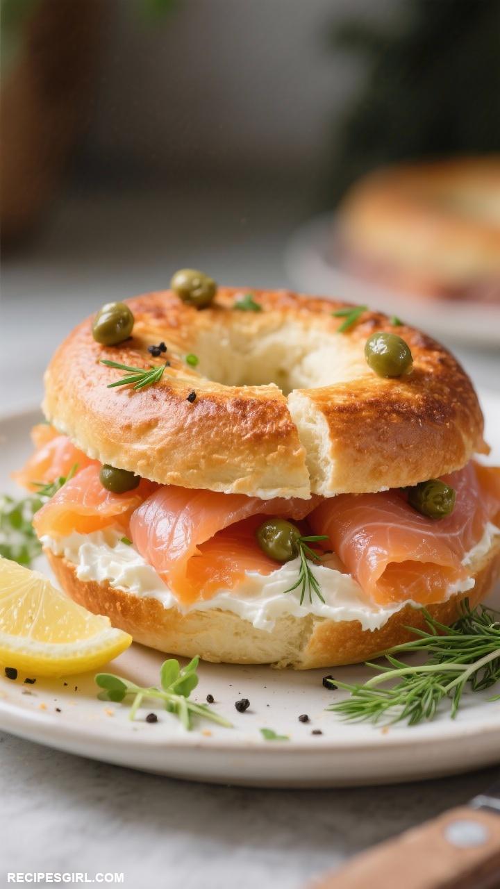 brunch ideas Smoked Salmon Bagel Sandwich with Cream Cheese and Capers
